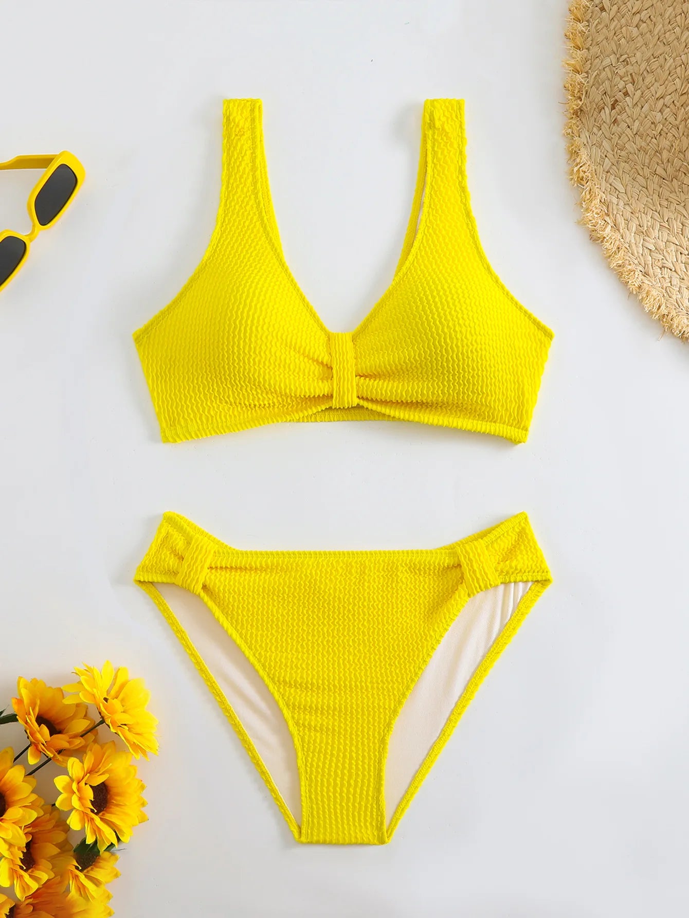 Summer New Women's 2 Piece Swimsuit Solid Color High Waist Bikini Set V-neck Backless Beach Vacation Bathing Suit Swimwear