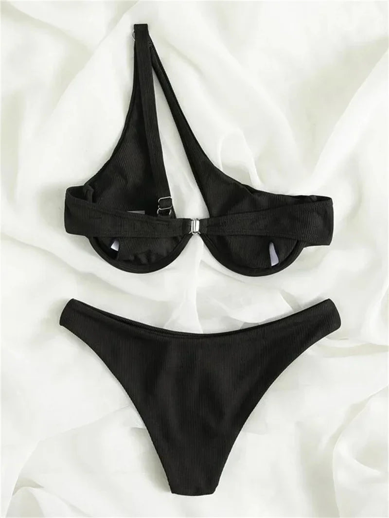 Sexy One Shoulder Bikini Set 2025 Women Red Black Push Up Underwire Micro Swimsuit Brazilian Cut Out Bathing Suit Thong Swimwear