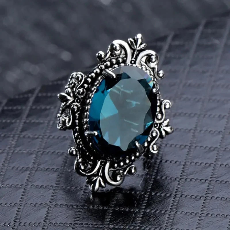 Huitan Carved Pattern Vintage Women Rings with Oval Blue CZ Stone Retro Female Rings for Party Chic Anniversary Gift New Jewelry
