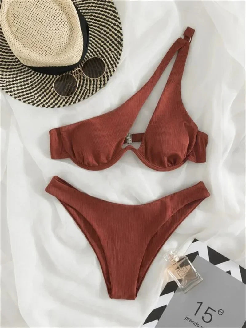 Sexy One Shoulder Bikini Set 2025 Women Red Black Push Up Underwire Micro Swimsuit Brazilian Cut Out Bathing Suit Thong Swimwear