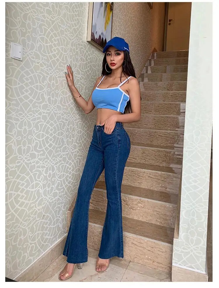 Street Trend Sexy Hip Lift Skinny Micro-flared Jeans, New Spring Slim Water Washing High-waisted Denim Long Trousers for Women
