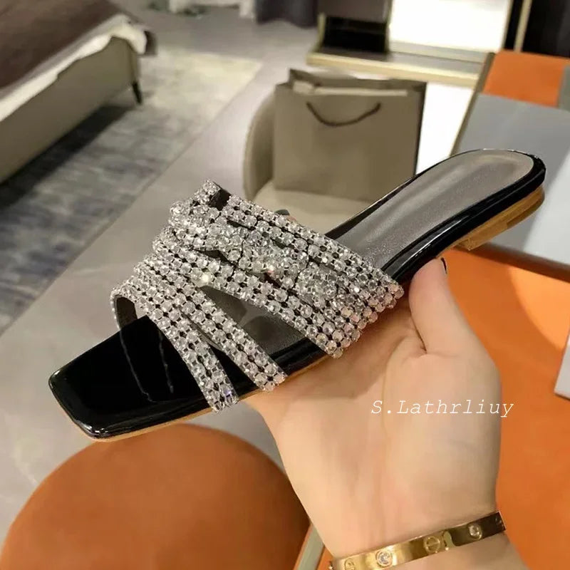 Summer Shiny Rhinestone Decor Flat Slippers Women's Square Toe Hallow Outs Casual Sandals Outdoor Vacation Beach Shoes 2025