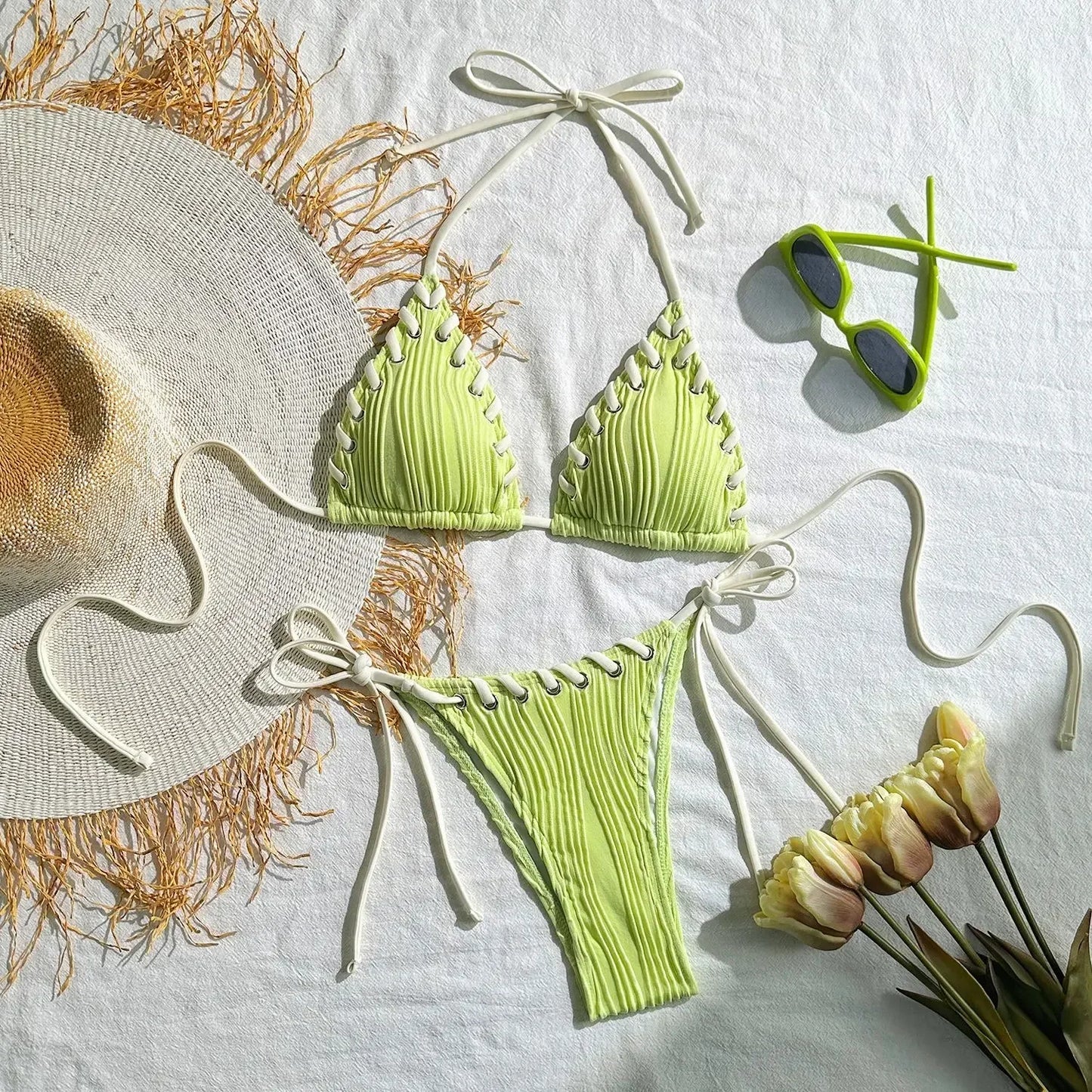 Halter Wrinkled Weave Bikini Women Swimwear Female Swimsuit Two Pieces Bikini Set Brazilian Bathing Suit Swim Beach Wear