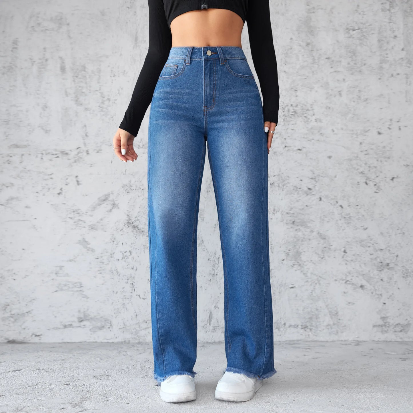 New Temperament High-waisted Wide-leg Jeans. Four Seasons Fashionable,simple,comfortable and Casual Straight-leg Jeans for Women