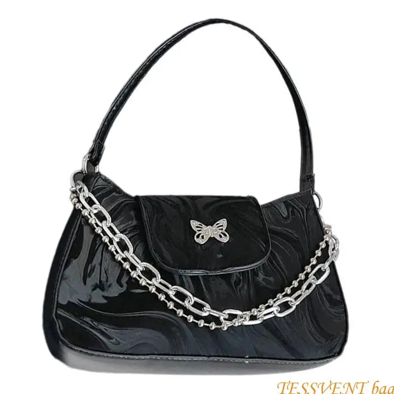 Fashionable Handbag Retro PU Leather Shoulder Bag with Butterfly Designs for Women Korean Solid Color Underarm Purse F42A