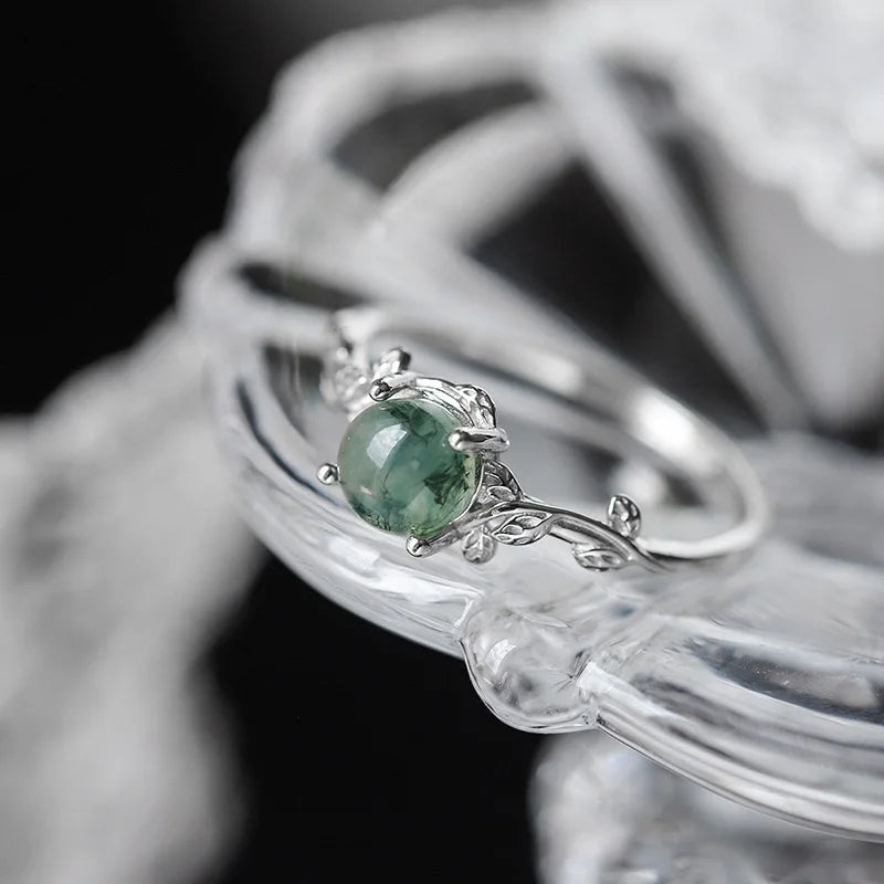 925 Silver Green Moss Ring with Water Grass Agate Stone Unique Elegant European American Style Jewelry Accessory