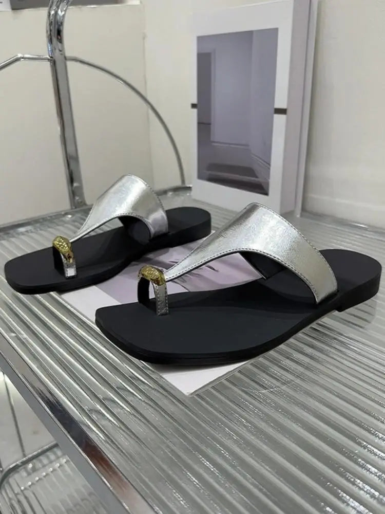 Summer Wearing Outside Clipped Toe Slippers Leisure Women Korean Style Versatile Solid Color Cow Split Leather Flip Flops