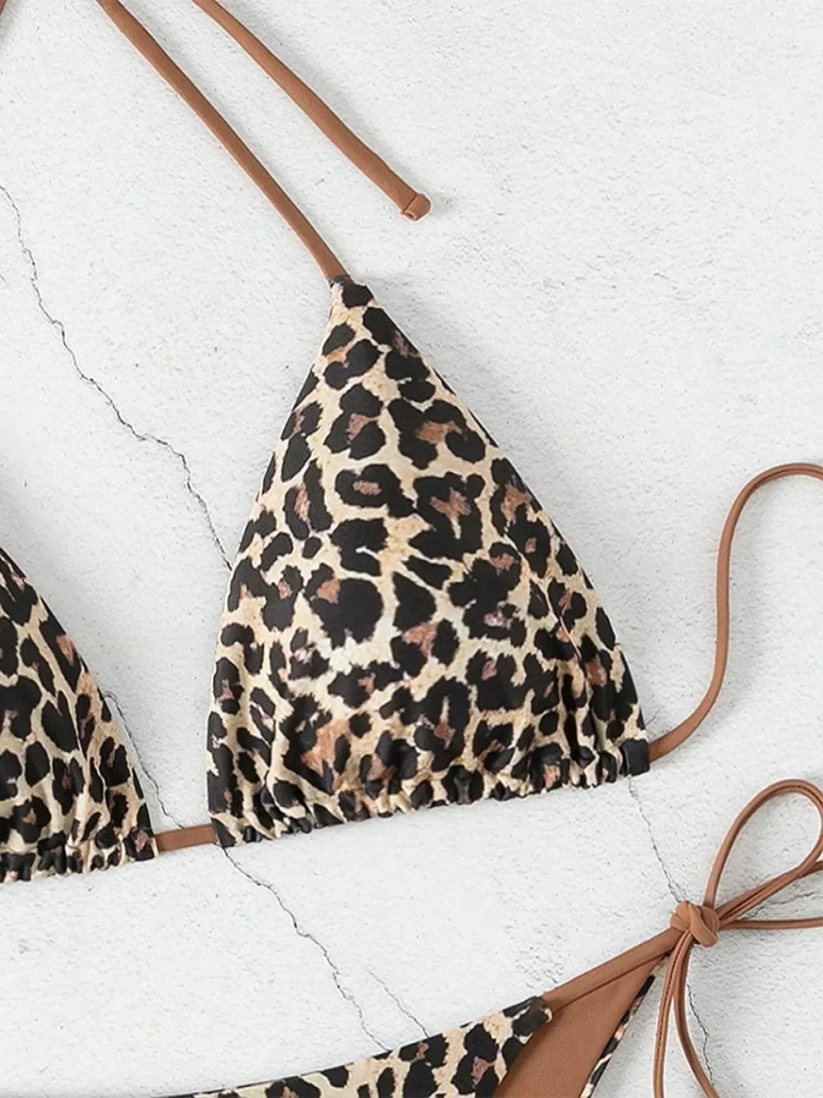 Sexy Leopard Print Two Piece Swimsuit Set Triangle Bra Suspender Halter Backless Bikini Set Beach Vacation Lace-up Swimwear 2025