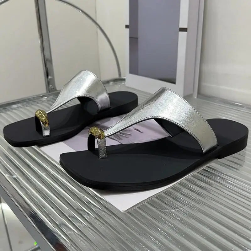 Summer Wearing Outside Clipped Toe Slippers Leisure Women Korean Style Versatile Solid Color Cow Split Leather Flip Flops