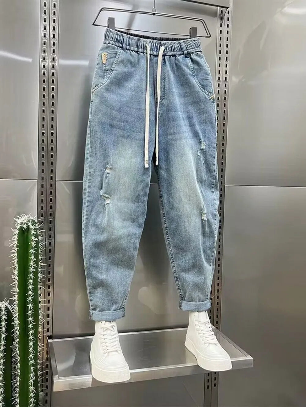 New Loose and Casual Denim Jeans for Men Spring and Autumn Harem Distressed Stretch Baggy Cargo Blue Jeans Jogger Pants