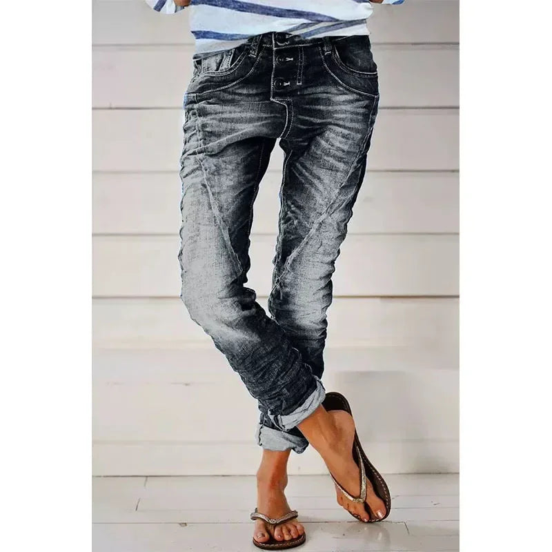 Jeans Denim Pants Capris 2025 Women Vintage Elastic Waist Long Flare Pants High Waist Slim Work Summer Blue Elegant Jeans Capris