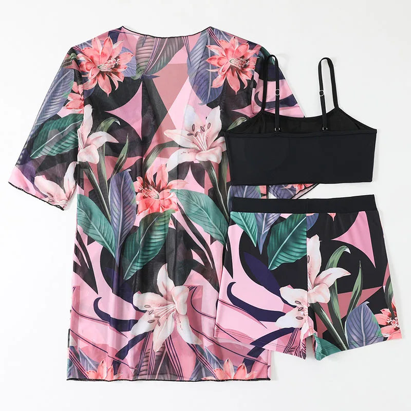 New Floral Print Three Pieces Bikini Set Cover Up Women Swimsuit Print Swimwear Bathing Suit Summer