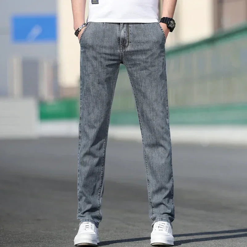 Thin Men's Baggy Soft Casual Jeans Gray Summer Fashion Versatile Comfortable Stretch Straight Casual Jeans Light Blue Male