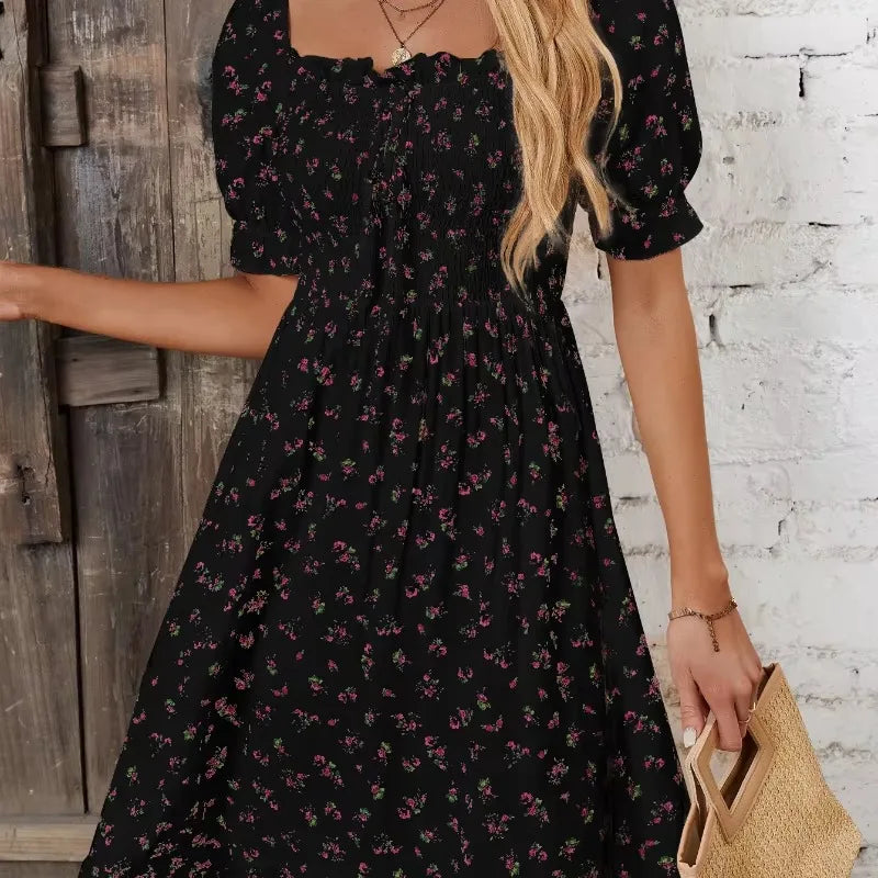 Women Print Square Neck Dress Fashion Ruffled Floral Smocked Dresses For Spring Summer Casual Dress