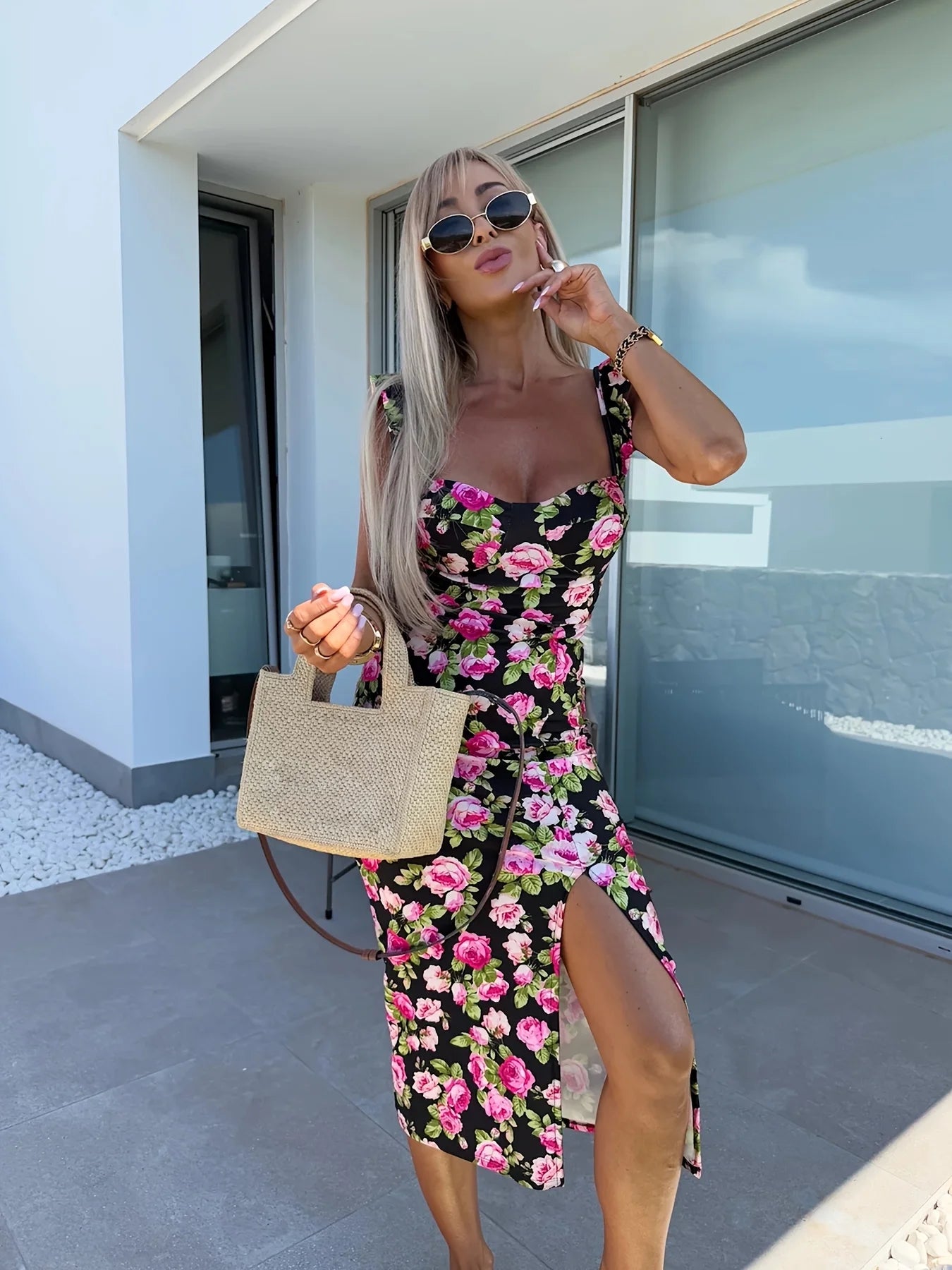 European and American summer new elegant design French flower suspender slit midi-length ladies dress