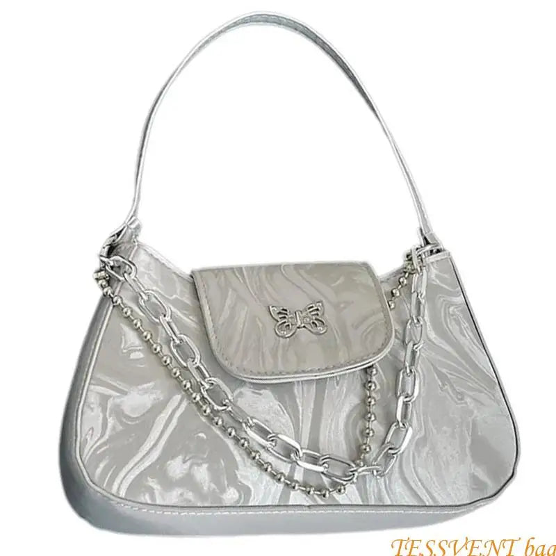 Fashionable Handbag Retro PU Leather Shoulder Bag with Butterfly Designs for Women Korean Solid Color Underarm Purse F42A