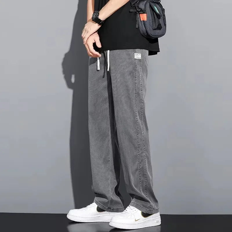 2025 New Summer Soft Lyocell Fabric Men's Jeans Thin Loose Straight Pants Drawstring Elastic Waist Korea Casual Trousers