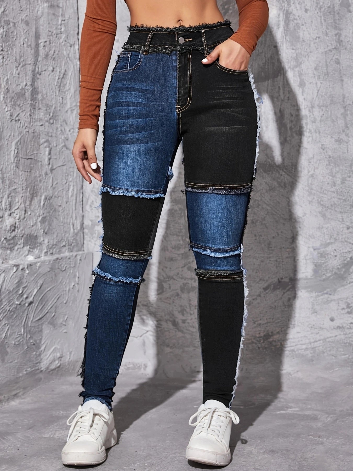 Women's jeans trendy two-color stitching Denim trousers