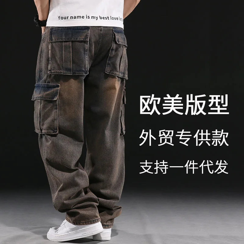Wide Leg Pant Distressed Cargo Jean Men Jeans Washed Denim Patchwork Solid Full Length Pants Loose Pockets High Street 2025