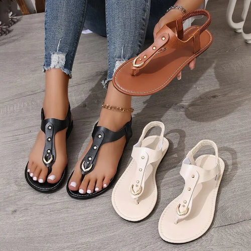 Thong Sandals for Women 2025 Summer Simple Fashionable Flats Elastic Band Outdoor Beach Shoes Casual Ladies Rome Sandals