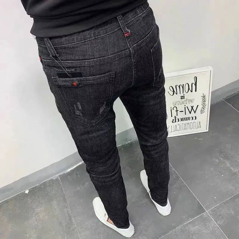 Spring Autumn 2024 Kpop Fashion Men's Denim Jeans Casual Slim Long Pants Korean Solid Black Boyfriend Designer Luxury Jeans
