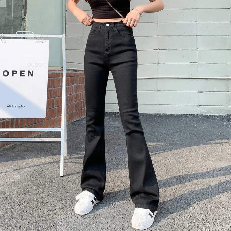 Flared Jeans Woman High Waist Denim Trousers For Female Blue White Black Elastic Skinny Fashion Classic Leisure Wide Leg Pants