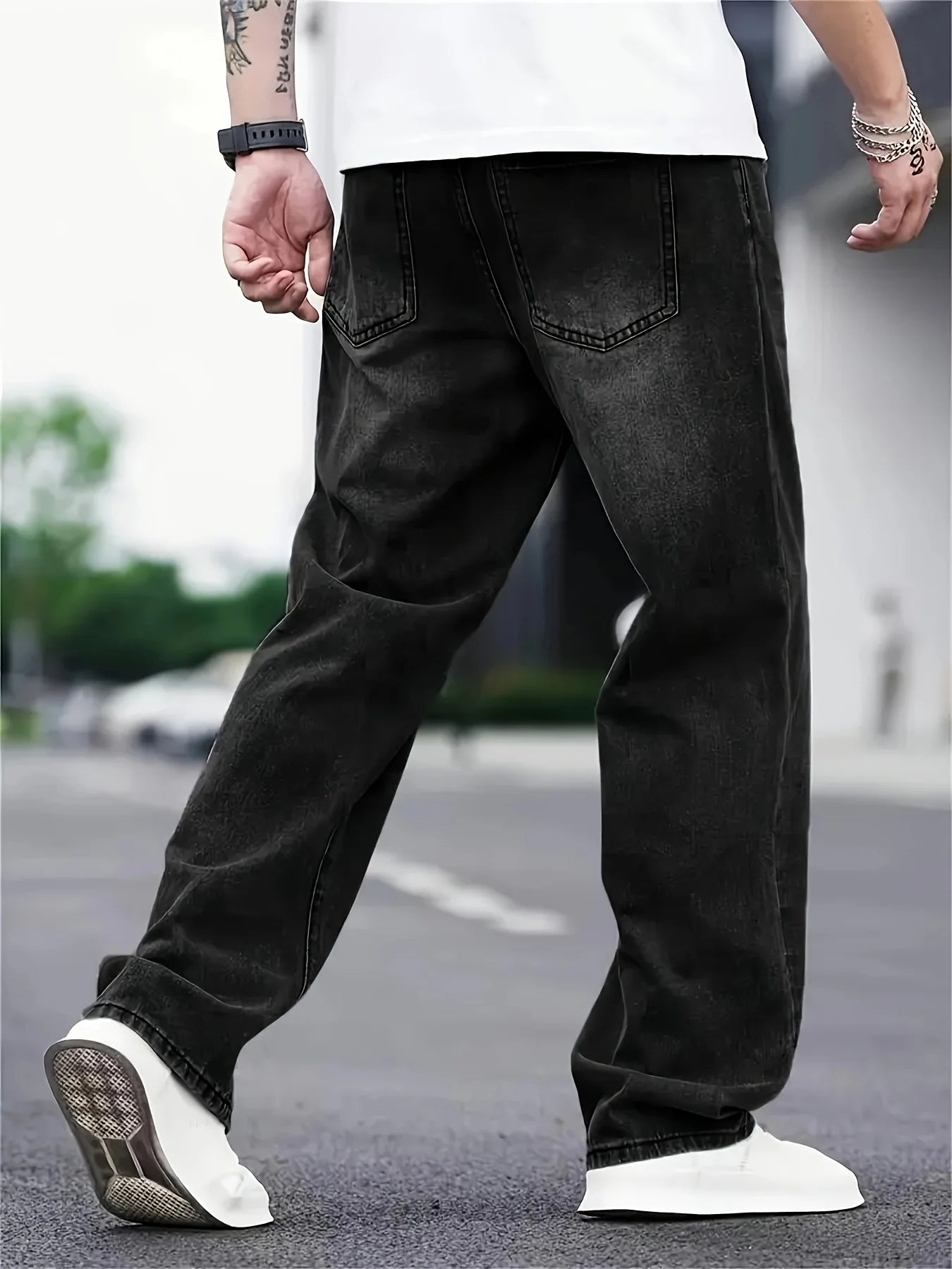 Men's fashion hip hop style loose straight jeans solid color American high street straight pants