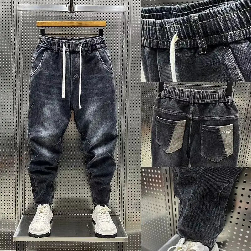 High Quality New 2024 Luxury Designer Casual Loose Drawstring Denim Jeans Men Full Length Wide Leg Streetwear Cowboy Harem Pants
