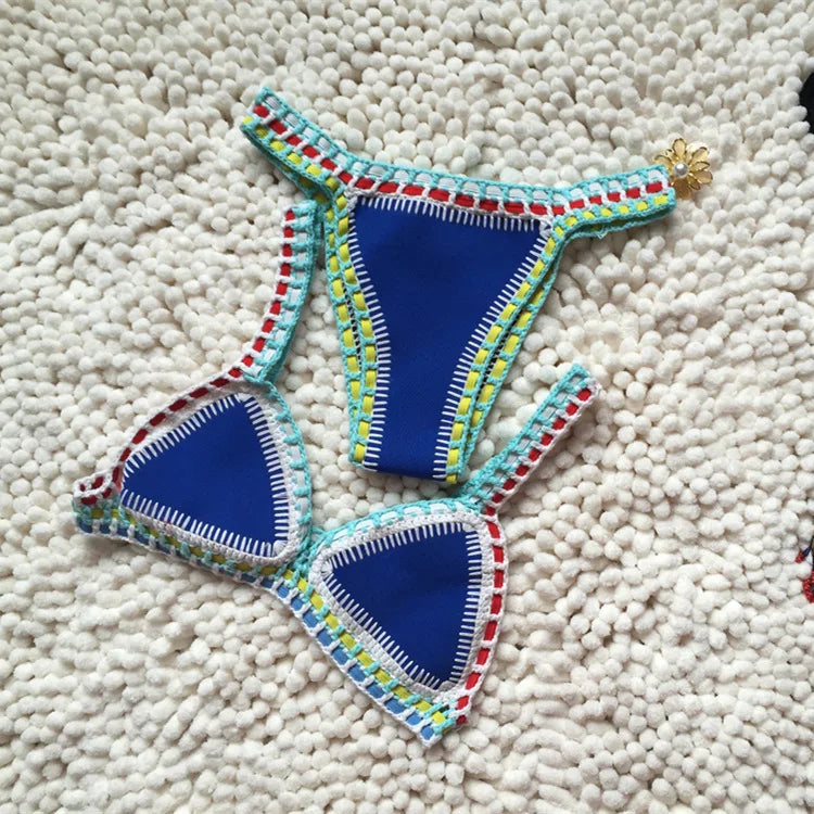 Women Handmade Crochet Knit Swimwear Halter Patchwork Bathing Suit Swimsuit Biquini Thong Bikini traje de bano