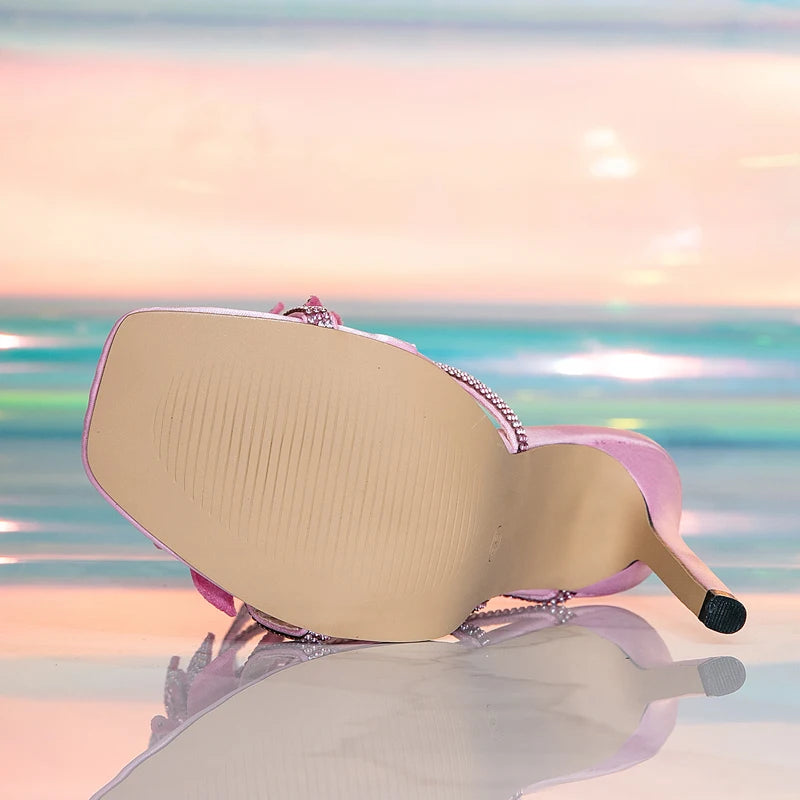 Eilyken New Design Crystal Flower Ankle Strap Women Sandals Sexy Thin High Heels Open Toe Stripper Party Ladies Shoes