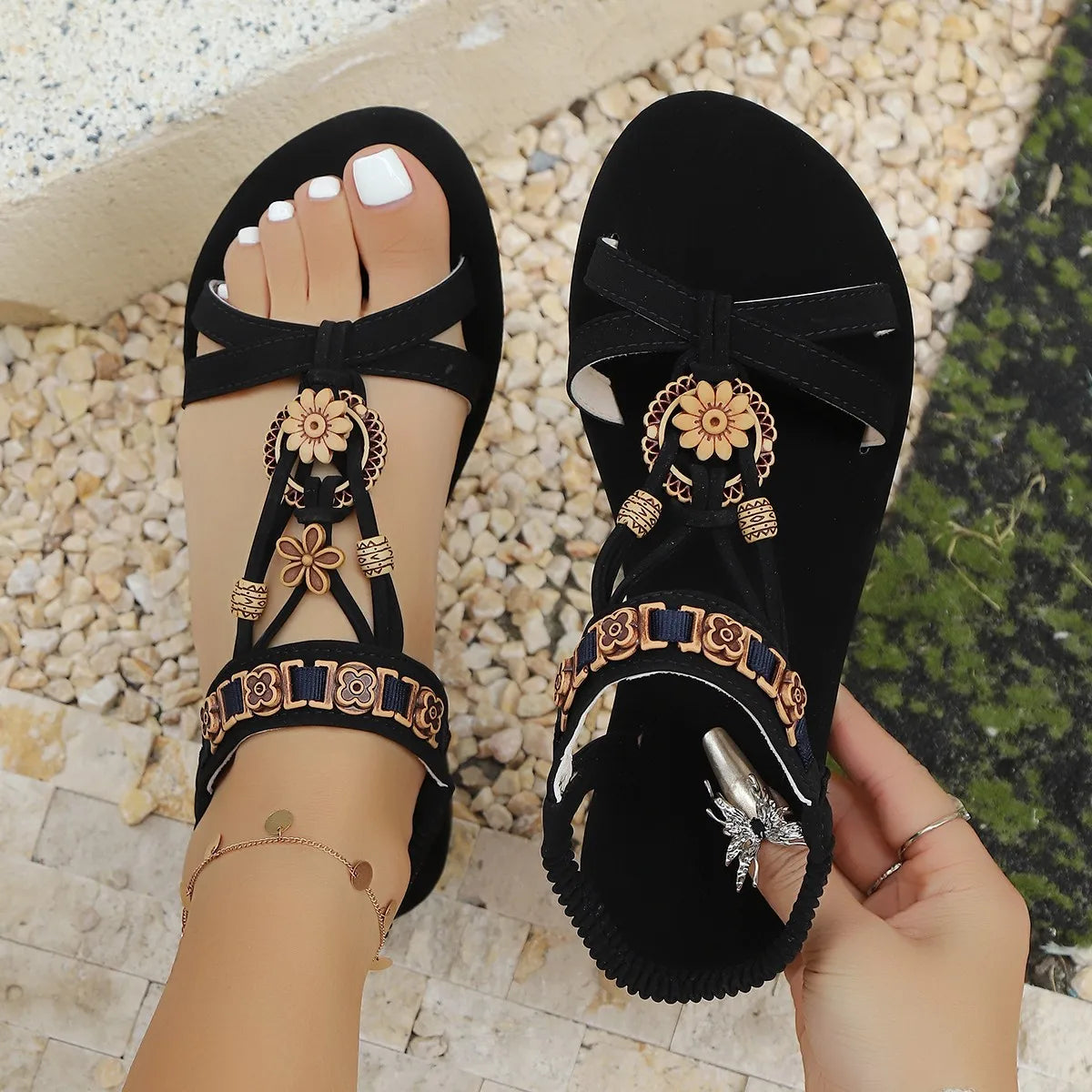 Bohemian Style Suede Elastic Band Sandals Summer New Casual Rome Shoes Fashion Comfort Flat Heel Beach Shoes Zapatos De Mujer