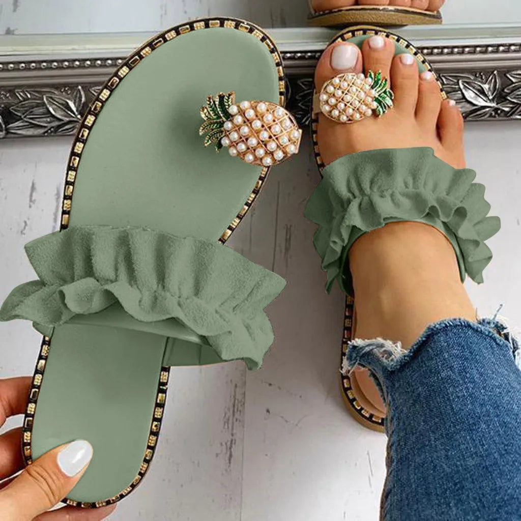 2025 Women Slipper Pineapple Pearl Flat Toe Bohemian Summer Beach Sandals Ladies Shoes plus size Mujer Verano