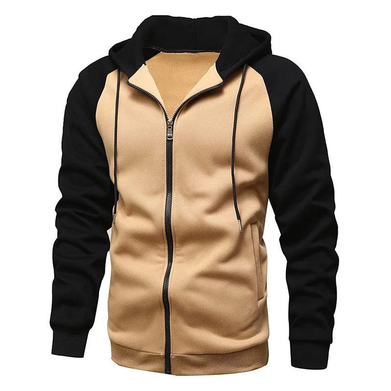New Men's Zip-Up Color Block Hoodie with Casual Stylish & Durable Fall/Winter Top Raglan Sleeves Hoodies Sweatshirt Male