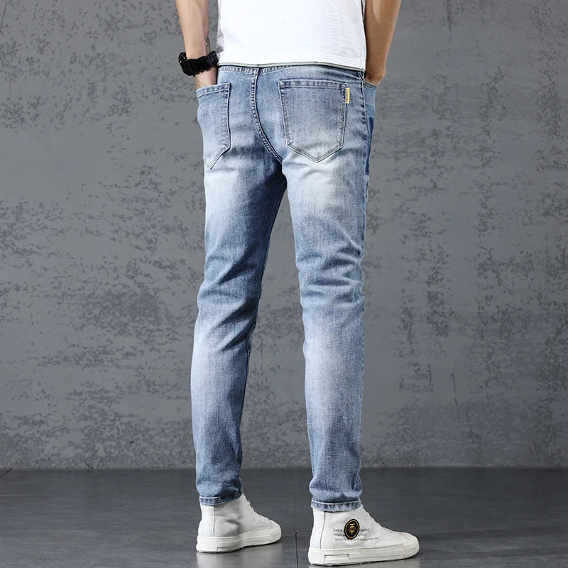 Summer Thin Men's Elastic Cotton Jeans - Fashionable Streetwear Blue Straight Fit Slim Casual Pants