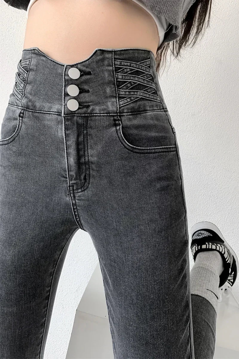 Skinny Pencil Y2K Jeans Four Buttons Vintage High Waist Women Slim Stretch Denim Pants Tight Trousers 2025 Women's Denim Pants
