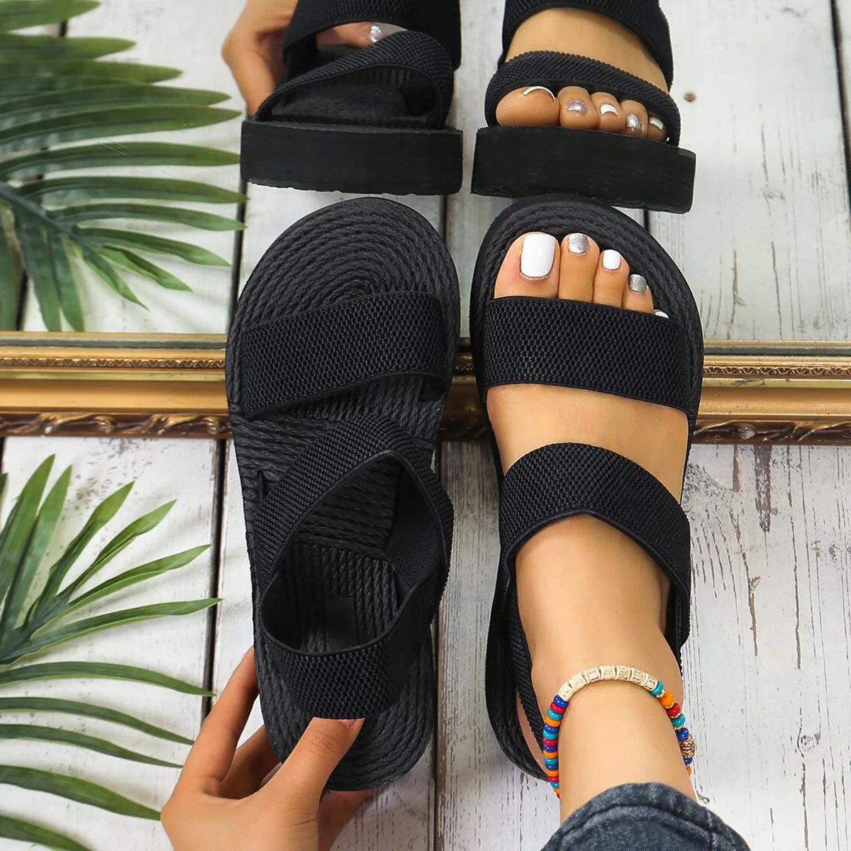 Women's Light Weight Wedge Sandals Open Toe Platform Thick Soled Summer Casual Slingback Shoes with Back Strap Leisure Footwear