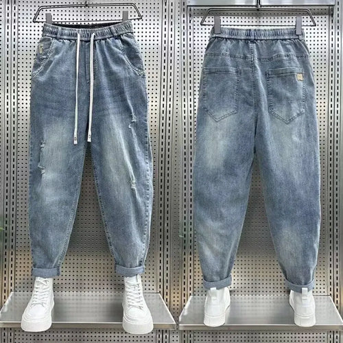 New Loose and Casual Denim Jeans for Men Spring and Autumn Harem Distressed Stretch Baggy Cargo Blue Jeans Jogger Pants