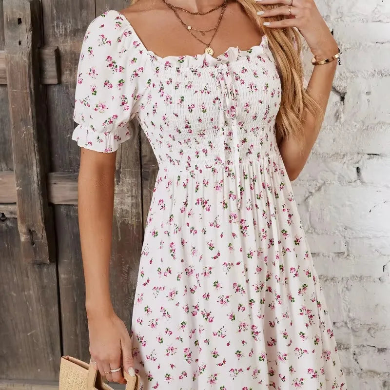 Women Print Square Neck Dress Fashion Ruffled Floral Smocked Dresses For Spring Summer Casual Dress