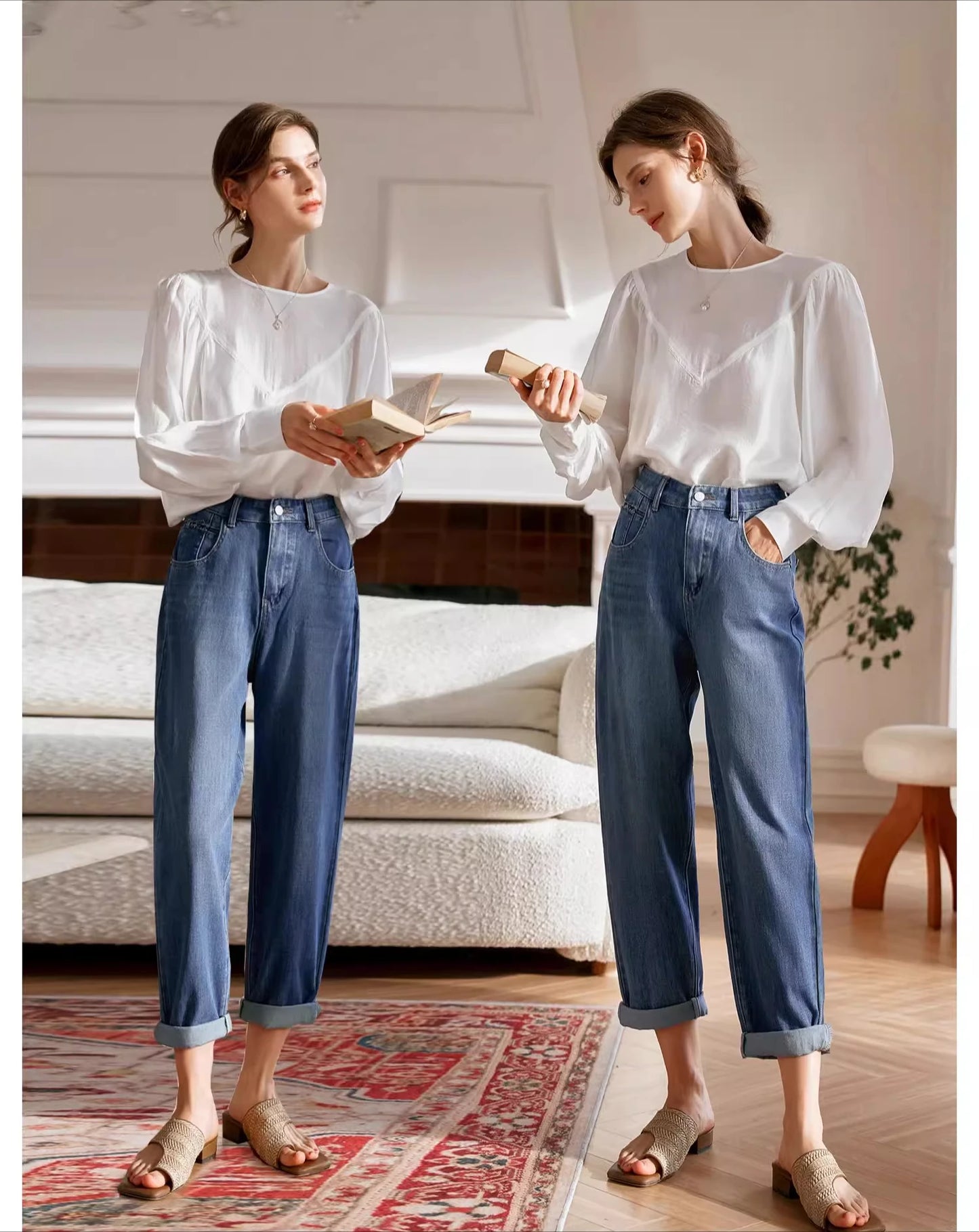 OLrain Vintage Washed Jeans Woman 2025 Spring Summer Fashion Cotton High-waist Pockets Denim Femlae Pencil Pants O24QA83358