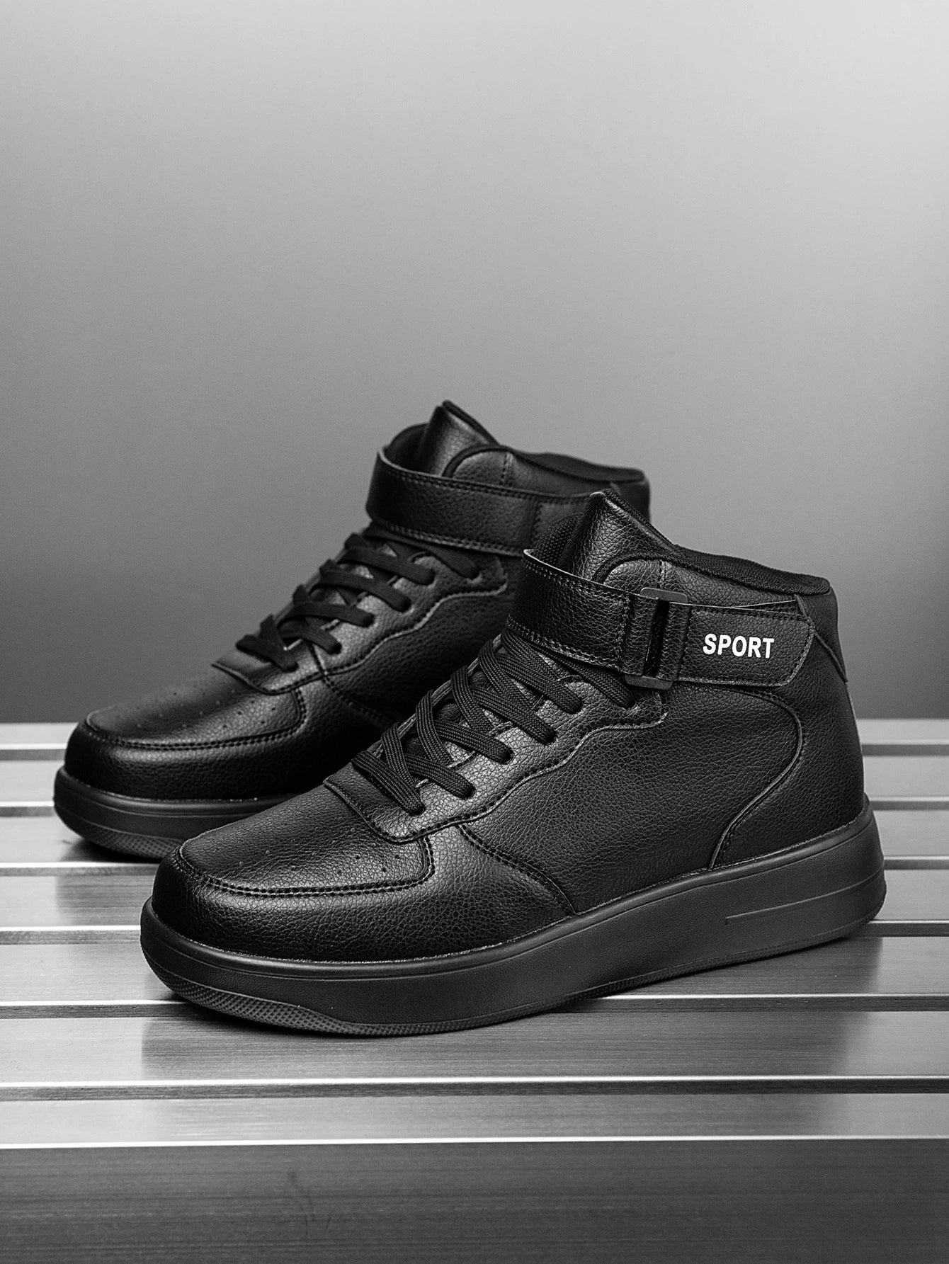 Men's Classic Fashionable Black Leather Spliced Velcro High-Top Casual Sneakers, Simple Daily Versatile and Comfortable Couple Sneakers
