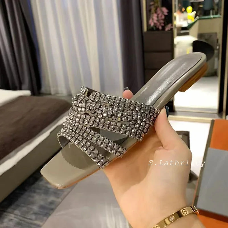 Summer Shiny Rhinestone Decor Flat Slippers Women's Square Toe Hallow Outs Casual Sandals Outdoor Vacation Beach Shoes 2025