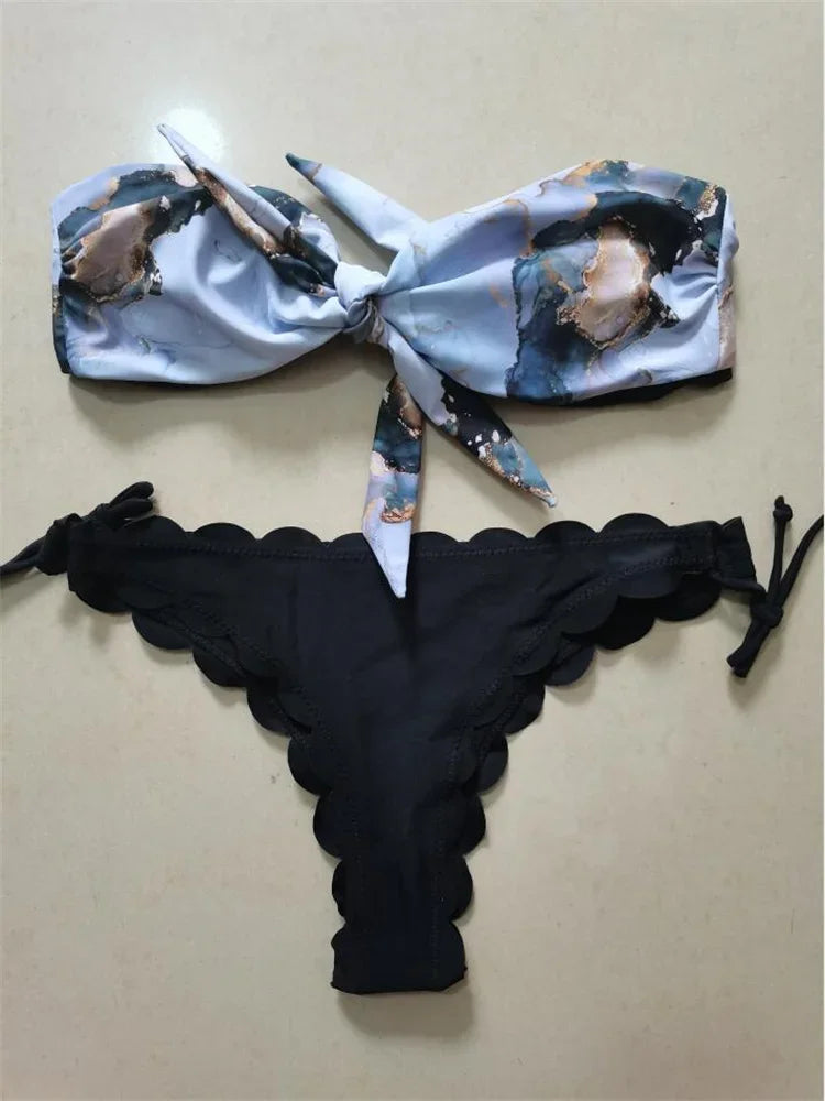 Beach Bikini 2024 Woman Sexy Front Lace Up Tie Bandeau Leopard Swimsuit Female Push Up Ruffled Bow Bathing Suit Thong Swimwear