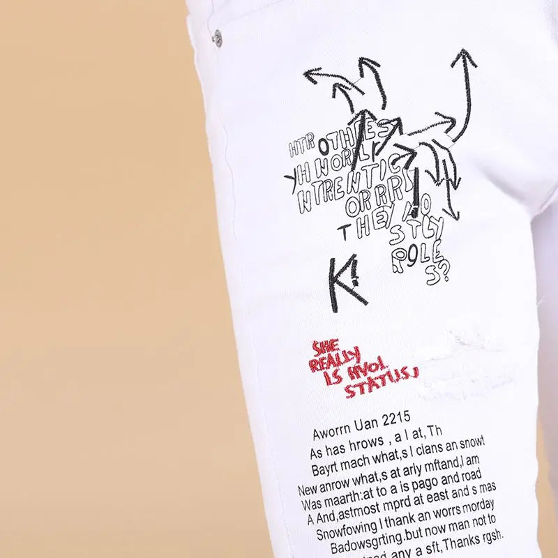 Harajuku Korean Luxury Clothing Men's White Slim Jeans with Printed Ripped Holes Autumn Hip Hop Distressed Cotton Trousers Male