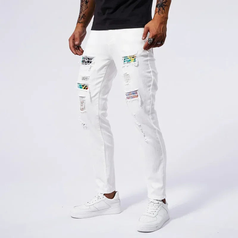 White 97% Cotton Jeans Men Clothing New Ripped Slim Patchwork Fashion Hole Skinny Elasticity Denim Trousers Male Streetwear