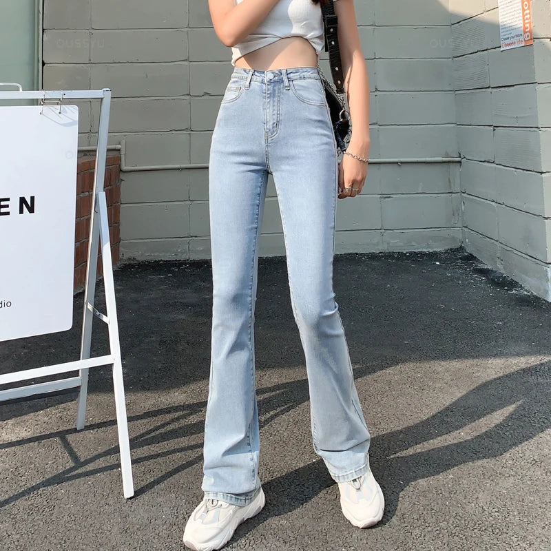Flared Jeans Woman High Waist Denim Trousers For Female Blue White Black Elastic Skinny Fashion Classic Leisure Wide Leg Pants