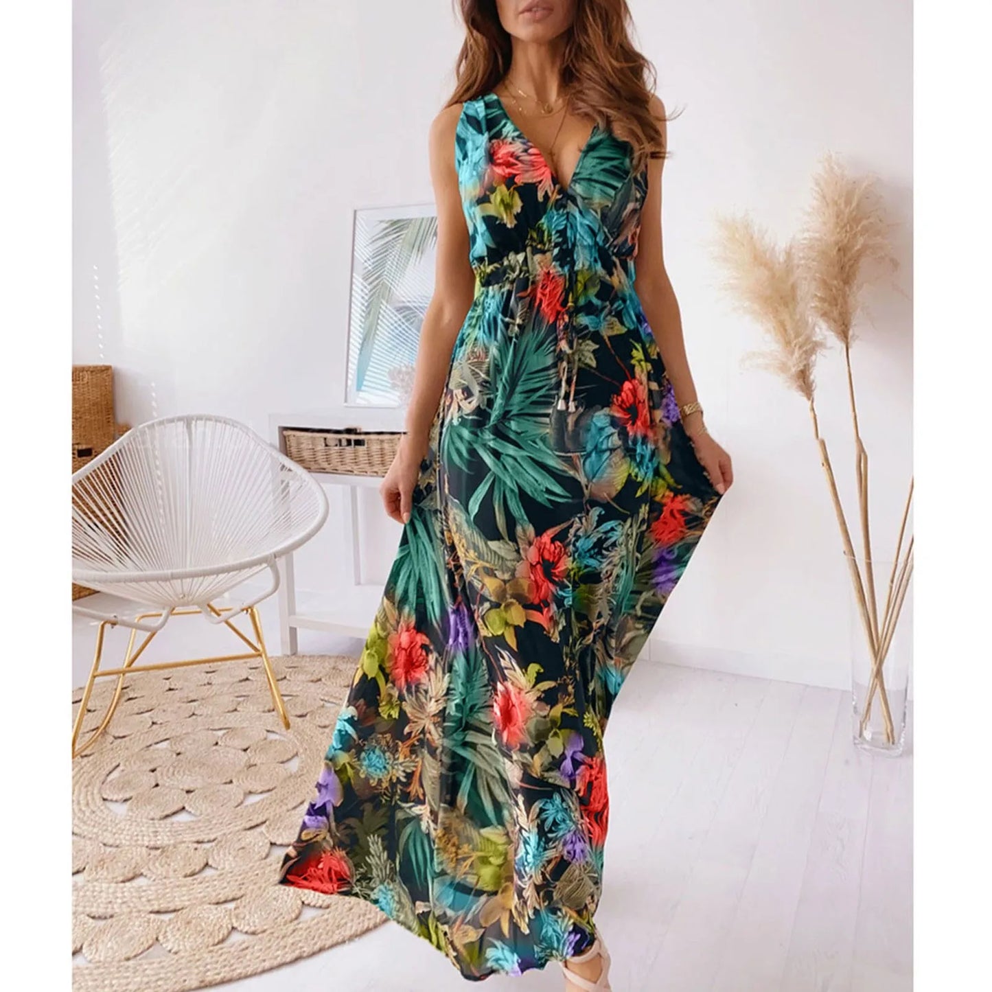 Summer Women Chiffon Floral Long Dress French Style Short Sleeve Elastic A-line Dresses Summer Bohemian Print Beach Dress