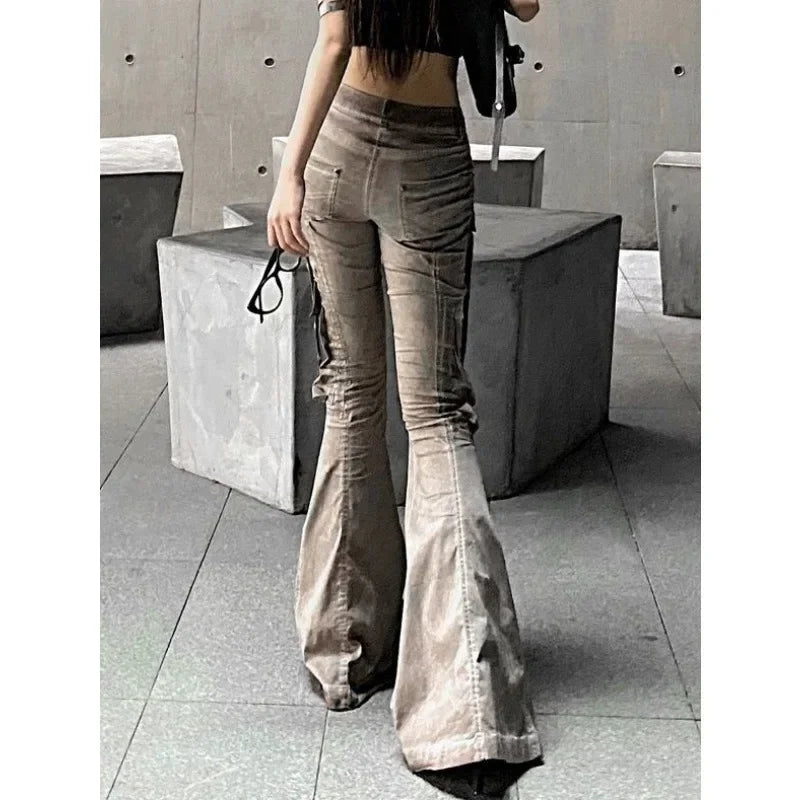 American Style Brown Workwear Jeans Women's Streetwear Slim Fit Micro Flared Slimming Pocket Trousers For Women