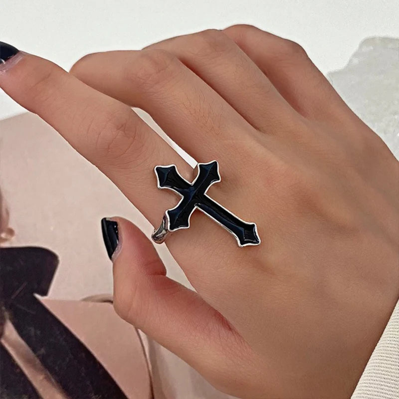 Gothic Irregular Gemstone Ring Aesthetic Girls Adjustable Black Stone Ring Women's Liquid Punk Ring Vintage Jewelry Accessories