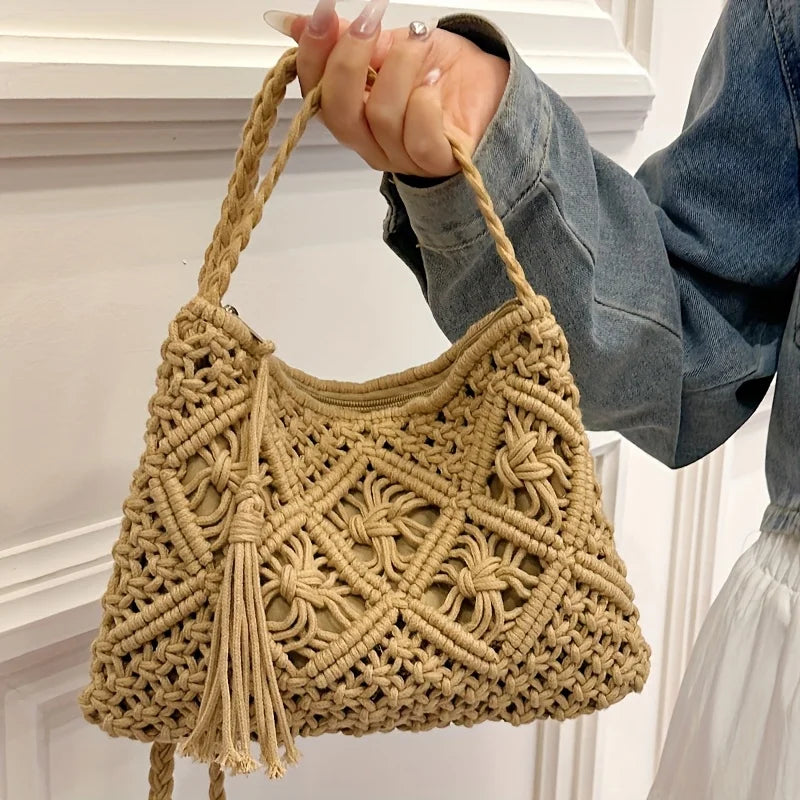 1pc Boho Chic Handwoven Shoulder Bag for Women,Handwoven Cotton with Zipper & Tassel Details,Beach Bag,for Travel,Casual Outings