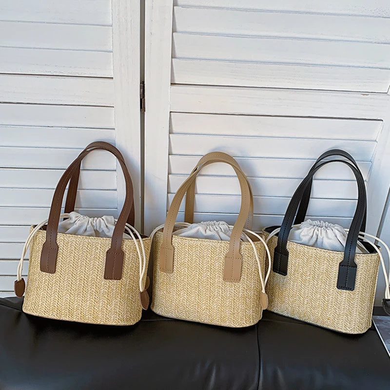Women's Leisure Grass Woven Handbag Drawstring Bucket Shoulder Crossbody Bag FemaleTravel Bohemian Vacation Beach Bag